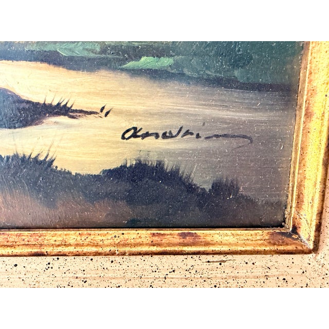 Vintage Signed European Countryside Sunset Landscape Oil Painting in Wood Frame For Sale - Image 4 of 15