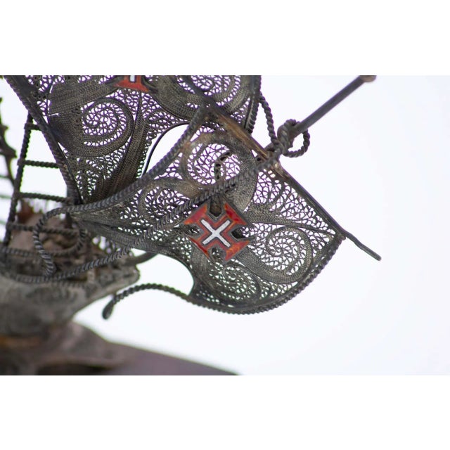 Silver Filigree Caravel with Wooden Base For Sale - Image 3 of 8