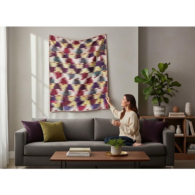 Old / Antique Gorgeous handwoven silk Ikat weaving in rich magenta, Yellow-green and purple color, circa late early 20th...