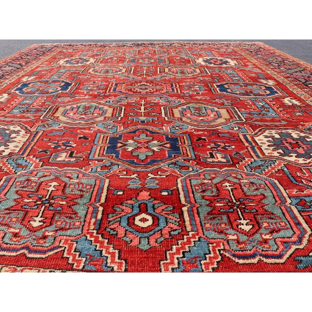 Antique Heriz Rug With Red Field, Geometric Tribal Motifs and Navy Blue Border 9'2 X 11'10 For Sale In Atlanta - Image 6 of 17