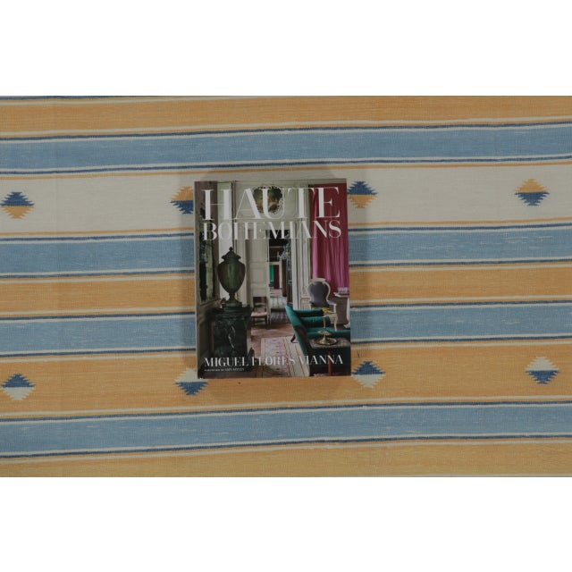 Rug & Kilim’s Indian Dhurrie Rug in Blue, Gold and Ivory Geometric Stripes For Sale - Image 9 of 9