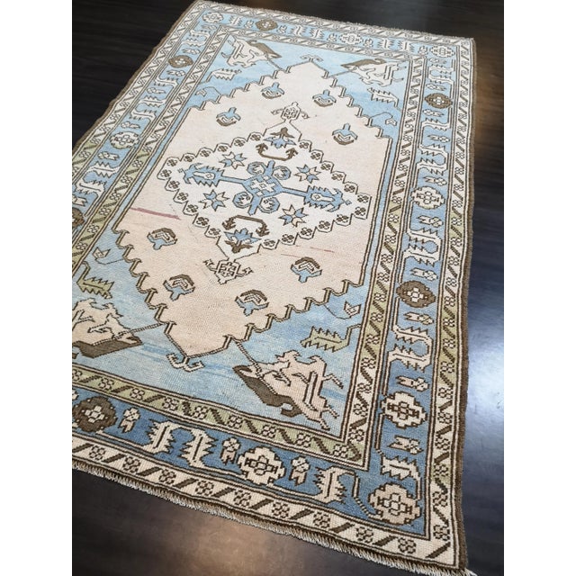 Mid-Century Modern Blue Vintage Turkish Geometric Anatolian Oushak Rug For Sale - Image 3 of 13