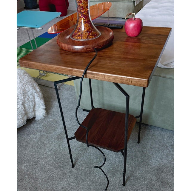 American Solid Walnut Side Table, Two-Tier End Table Nightstand, Forged Steel Base, Small Bedside Table For Sale - Image 3 of 7