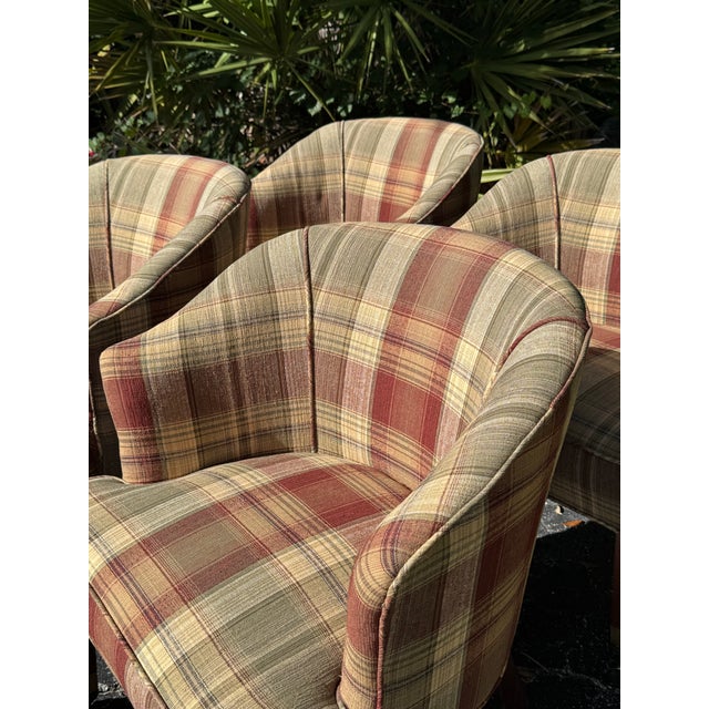 1950s Set of 4 Vintage Plaid Upholstered Game Table Chairs | Campaign-Style Club Chairs For Sale - Image 5 of 8