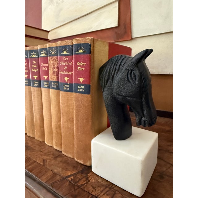 Mid 20th Century Mid-Century Set of 27 (Twenty Seven) Zane Grey Books Vintage Western Collection Tan Cloth Binding Red Blue Spine For Sale - Image 5 of 12