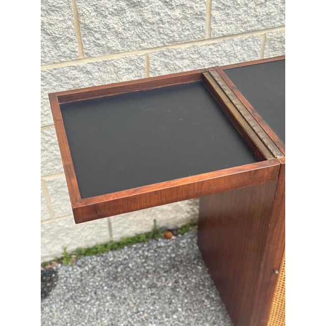 Mid Century Walnut Bar Cabinet With Sliding Top Extension and Cane Doors For Sale - Image 4 of 12