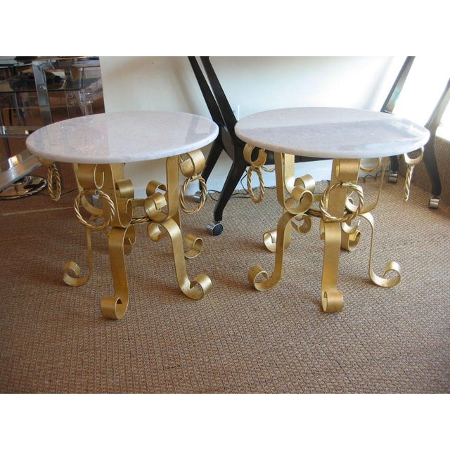 Mid-Century Modern Vintage Italian Gold Leaf Gilded Iron & Marble Top End Side Tables Pair Of, 1960's For Sale - Image 3 of 10