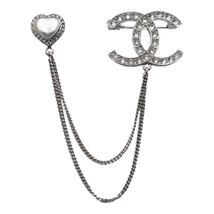 Chanel Brand New Silver CC crystal Heart Pin Link Brooch