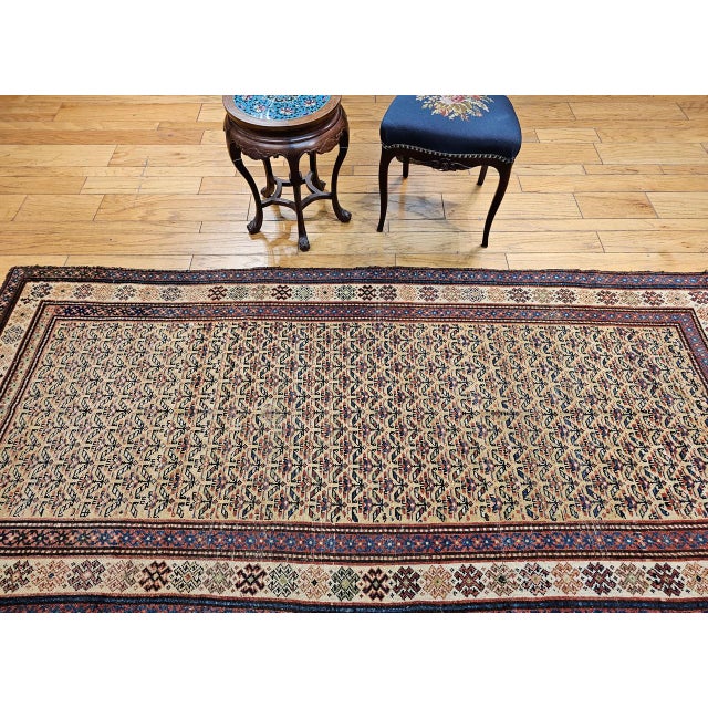 19th Century 19th Century Persian Kurdish Bidjar Rug, Hand-Knotted Wool, Allover Paisley Pattern, Tan & Burgundy, 4x9 For Sale - Image 5 of 15