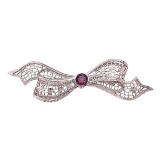 14 Karat White Gold Brooch Filigree Bow Design With Amethyst Center Stone Pin For Sale
