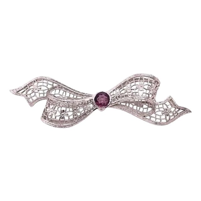 14 Karat White Gold Brooch Filigree Bow Design With Amethyst Center Stone Pin For Sale