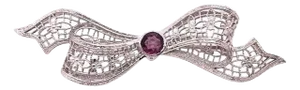 14 Karat White Gold Brooch Filigree Bow Design With Amethyst Center Stone Pin