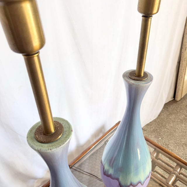 Mid Century Modern Lilac and Sky Blue Glazed Ceramic Table Lamps - A Pair For Sale - Image 4 of 10