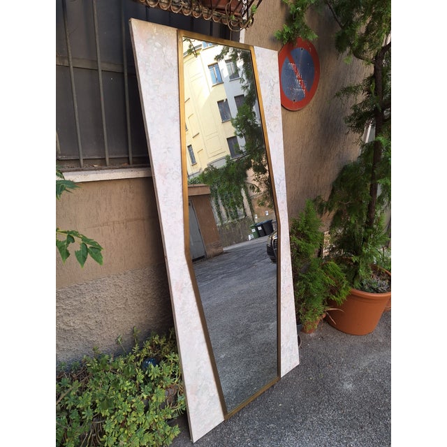 Large Vintage Mirror with Brass Frame on Wooden Panel, 1950s For Sale - Image 4 of 5