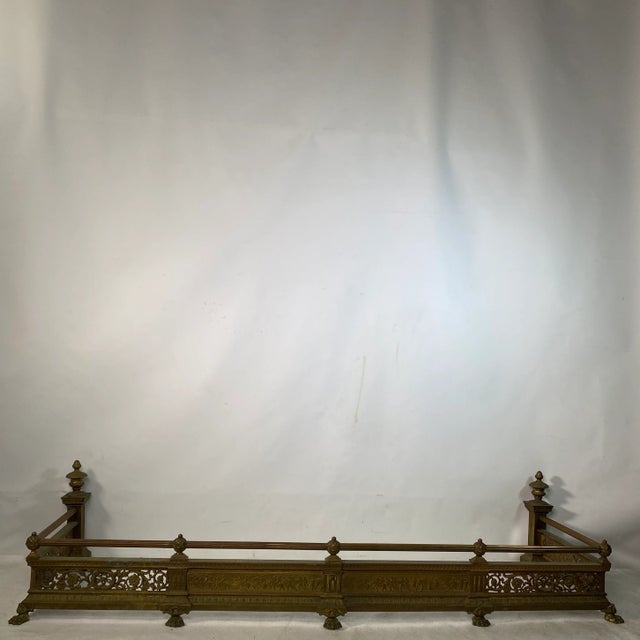 American Antique Grecian War Scened Floral Pierced Claw Foot Brass Fireplace Fender For Sale - Image 3 of 13