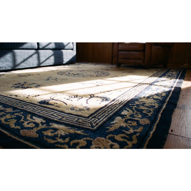 1920s Beige Medallion Greek Key Antique Chinese Peking Rug 6'2"x8'8" Wool Knotted Carpet For Sale - Image 10 of 12