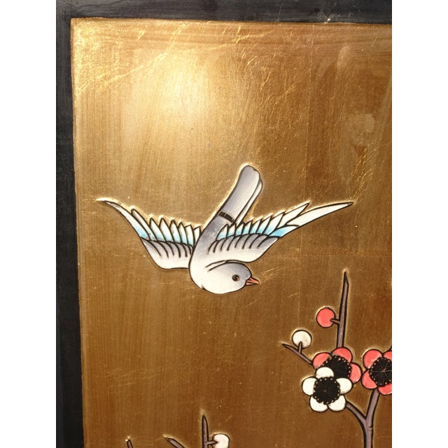 Wood Vintage 1940s Oriental Asian Coromandel Chinoiserie Gold Four Panel Screen with Floral Bird For Sale - Image 7 of 13