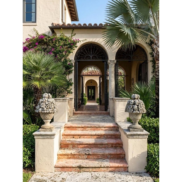 Stone Gray Pair of Vintage Cast Stone Fruit Basket Garden Finials & Architectural Urns For Sale - Image 8 of 12