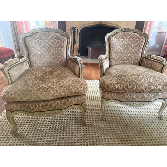 Louis XVI Style Distressed Cream Painted Bergere Chairs - A Pair For Sale - Image 11 of 12