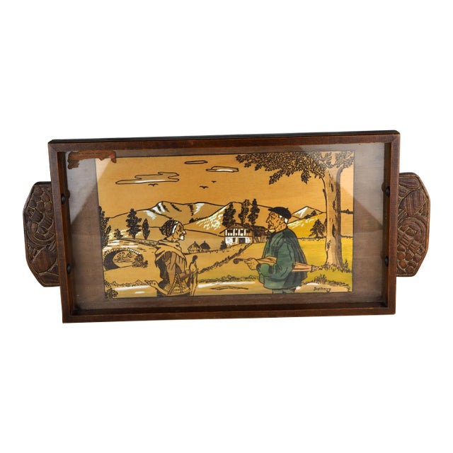 1920s French Art Deco Basque Jupiberry Hanging Tray With Country Mountain Landscape, Elderly Couple With Beret and Pie For Sale