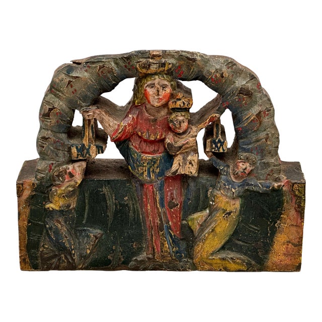 Unusual Antique Italian Hand Carved & Painted Wood Madonna & Child Sicilian Donkey Cart Fragment - Weighted for Doorstop For Sale