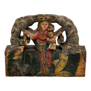 Unusual Antique Italian Hand Carved & Painted Wood Madonna & Child Sicilian Donkey Cart Fragment - Weighted for Doorstop