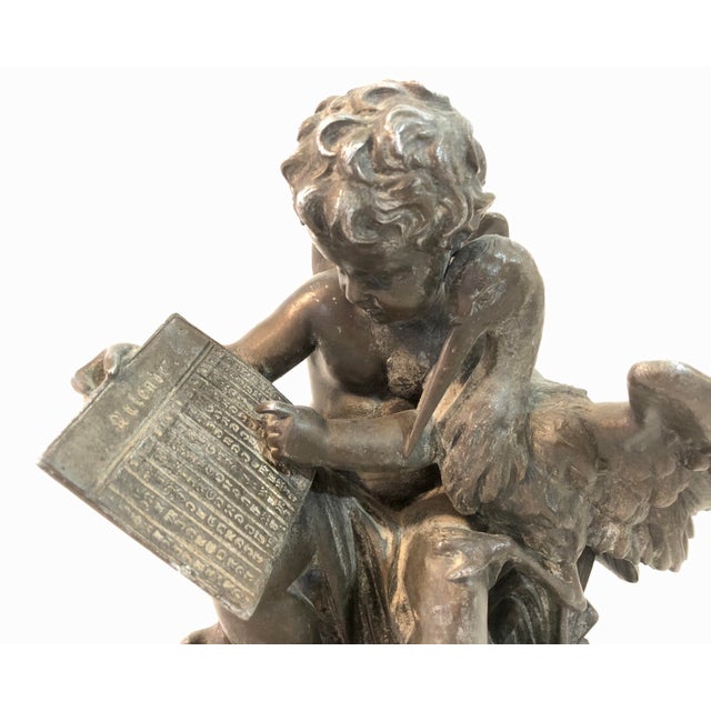 Metal Antique Rare French Metal Sculpture - Cherub Angel Cupid Stork Doves Calender, Germany For Sale - Image 7 of 9