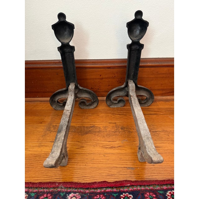 Metal Vintage Black Wrought Iron Andirons With Urn Finials, a Pair For Sale - Image 7 of 8