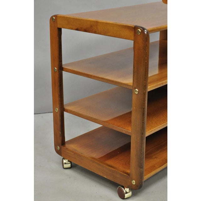 Brown Vintage Mid Century Modern Lacquered Cherry Wood Rolling Cart Tv Stand Shelf For Sale - Image 8 of 11