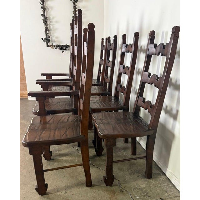 Set of 8 Spanish Colonial Revival Carved Wood Dining Chairs, Mid-20th Century For Sale - Image 4 of 17