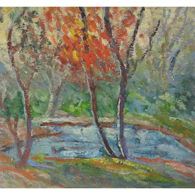 Vintage plein air oil on artist board impressionist landscape painting of autumn trees and pond. Signed illegibly bottom...
