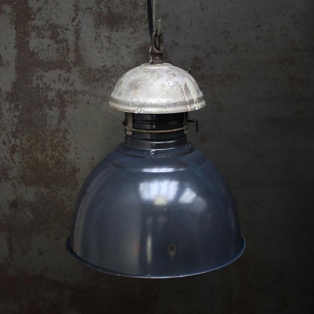 Vintage French Industrial Dark Blue Enamel Pedant Light For Sale - Image 4 of 6