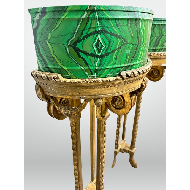 Late 19th Century Louis XVI 19th Century Demilune Faux Malachite Tole Planters - a Pair For Sale - Image 5 of 12