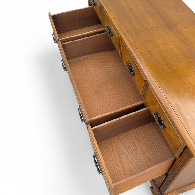 Brown Vintage Traditional Nine-Drawer Wood Dresser With Bracket Feet For Sale - Image 8 of 11