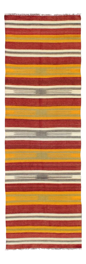 Vintage Turkish Kilim Runner With Stripes in Red, Green, Yellow, Ivory, Gray