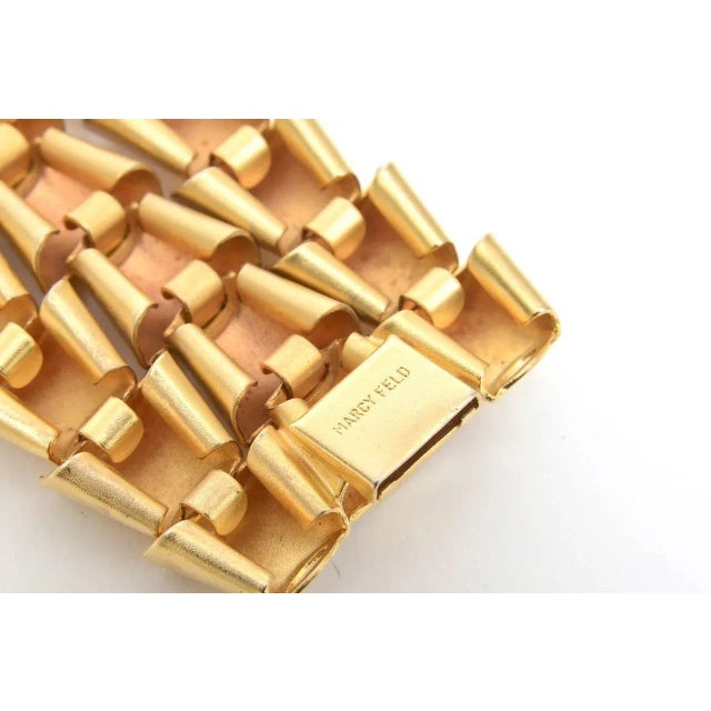 Gold Vintage Signed Marcy Feld Gold Plated 3 Row Cuff Bracelet 80's For Sale - Image 8 of 10