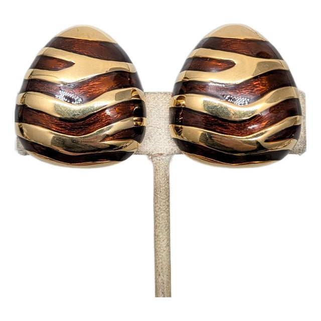 Vintage 1980s Signed Ciner Goldtone Brown Enamel Striped Clip Earrings-2 Pieces For Sale