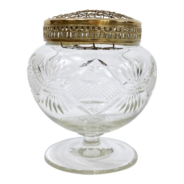 Vintage Cut Glass Vase With Pierced Brass Gated Frog For Sale