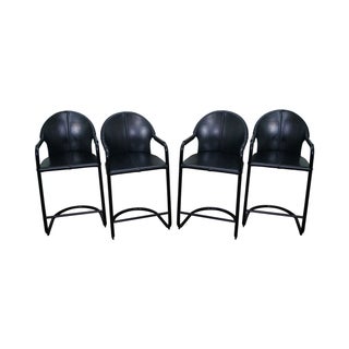 Italian High Grade Black Leather Counter Stools - Set of 4 For Sale