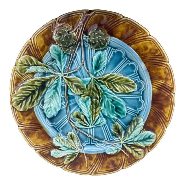 Majolica Chesnut Leaf Plate Sarreguemines, Circa 1890 For Sale