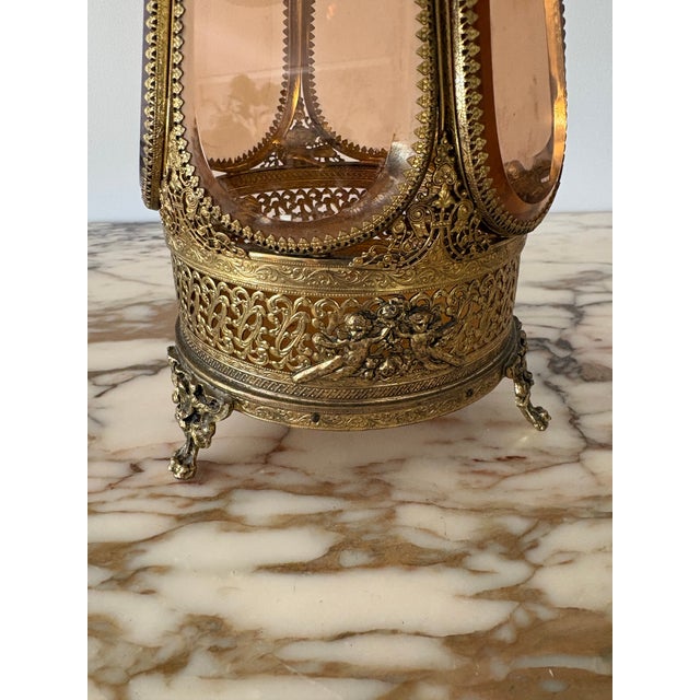 Vintage six sided hexagonal jewelry display casket with beveled amber glass encased with ornate filigree gilt ormolu,...