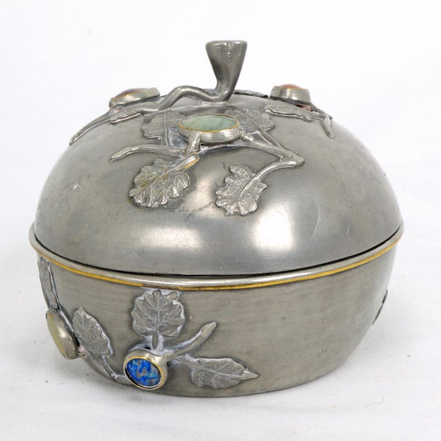 Antique Chinese Pewter Jeweled Lidded Bowl With Gemstones Republic Period For Sale In Phoenix - Image 6 of 13