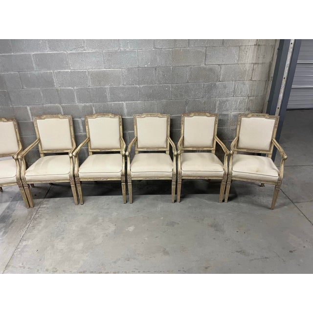 Linen Antique French Carved Fruitwood Louis XVI Style Arm Chairs - Set of 6 For Sale - Image 8 of 12