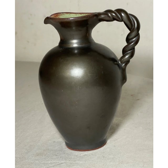 19th Century Antique 19th Century Bronze Glazed Terracotta Pottery Swirl Handle Mini Vase Jug For Sale - Image 5 of 9