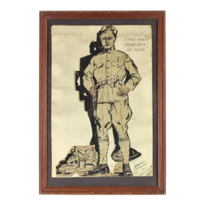 1910s Antique 1919 Trench Art Pen and Ink Drawing of a Young Soldier, Framed