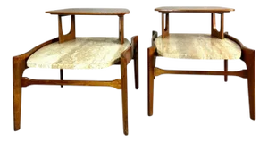 Pair of Bertha Schaefer Sculptural Walnut Travertine Top Step Side End Tables