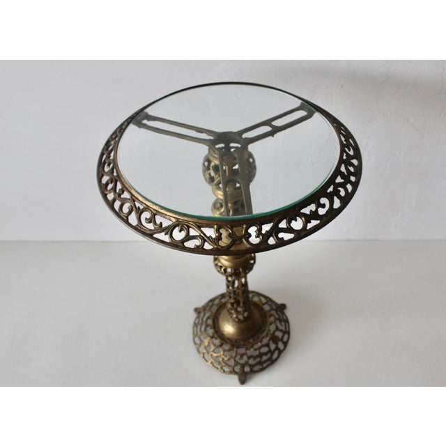 1970s Pierced Reticulated Brass Pedestal Glass Top Drinks Side Table For Sale - Image 10 of 18