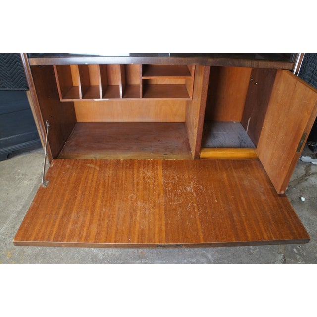 Wood 1940s Mid Century Walnut Burl Carved Secretary Writing Desk Bookcase Bureau Cabinet For Sale - Image 7 of 12