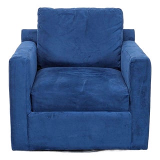 Crate & Barrel Blue Velvet Lounge Swivel Chair For Sale