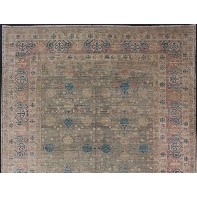Large Modern Tribal Khotan Rug in Shades of Cream Green Blue and Coral For Sale - Image 4 of 12